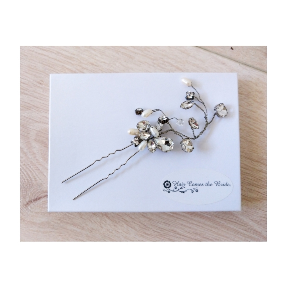 "Monique" Hand Beaded Vine Bridal Hair Pin in Silver